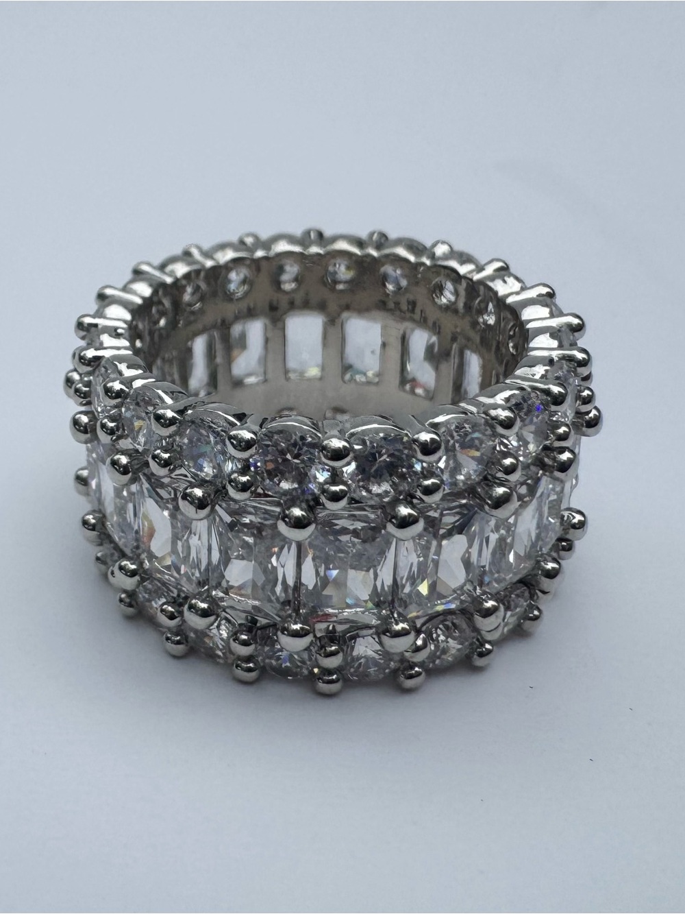 Multi-Row CZ Baguette & Round Cut Eternity Ring Silver Tone Fashion Jewelry
